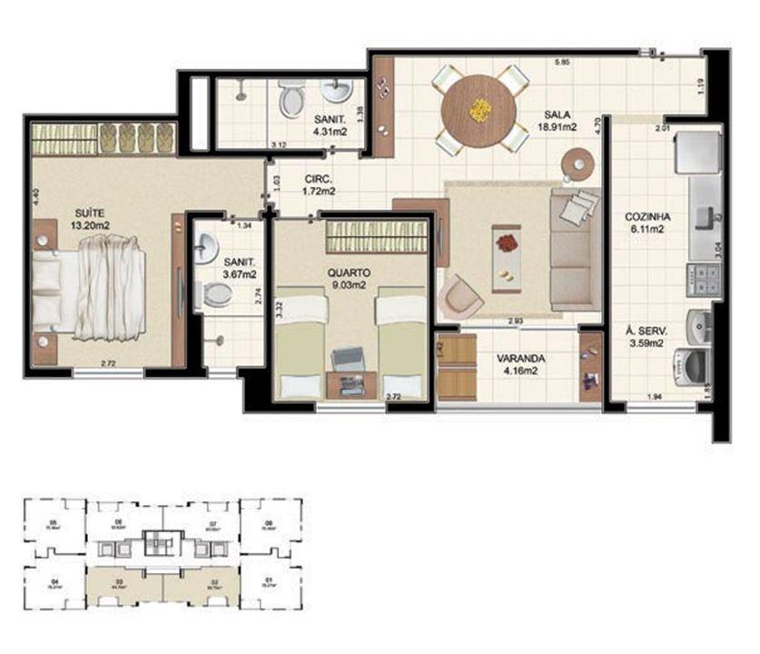 Planta Tipo 2 quartos - 64,70 m² | Morada Alto do Imbuí – Alto do Imbuí - Salvador - Bahia Planta Tipo 2 quartos - 64,70 m² | Morada Alto do Imbuí – Apartamento no Alto do Imbuí - Salvador - Bahia