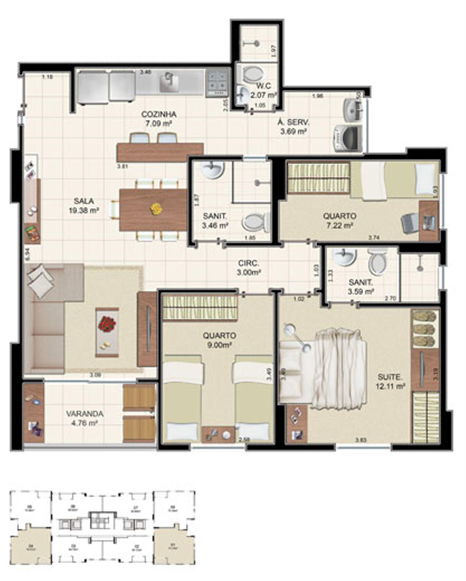 Planta Tipo 3 quartos - 75,37 m² | Morada Alto do Imbuí – Alto do Imbuí - Salvador - Bahia Planta Tipo 3 quartos - 75,37 m² | Morada Alto do Imbuí – Apartamento no Alto do Imbuí - Salvador - Bahia