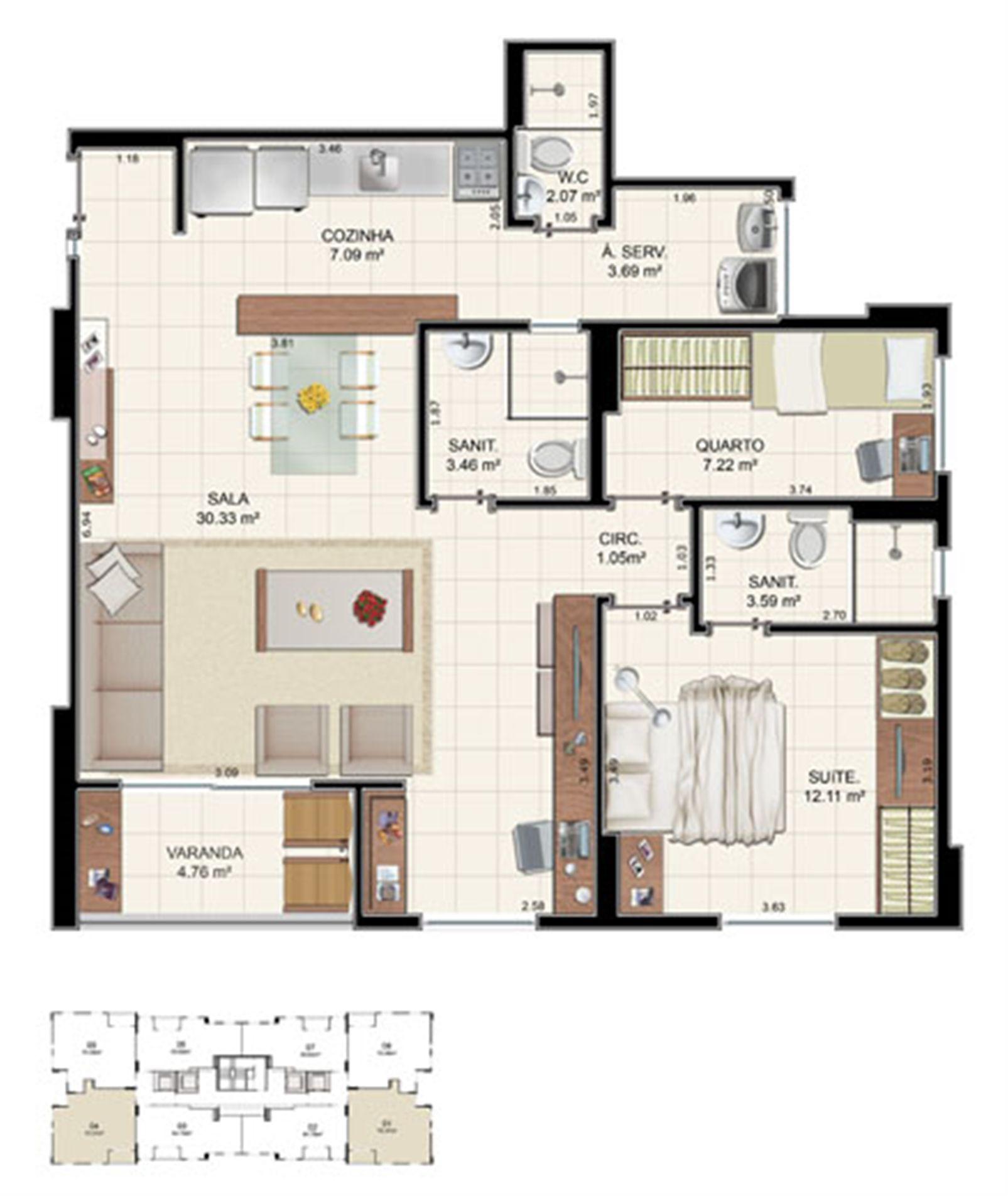 Planta Tipo 3 quartos - 75,37 m² | Morada Alto do Imbuí – Alto do Imbuí - Salvador - Bahia Planta Tipo 3 quartos - 75,37 m² | Morada Alto do Imbuí – Apartamento no Alto do Imbuí - Salvador - Bahia