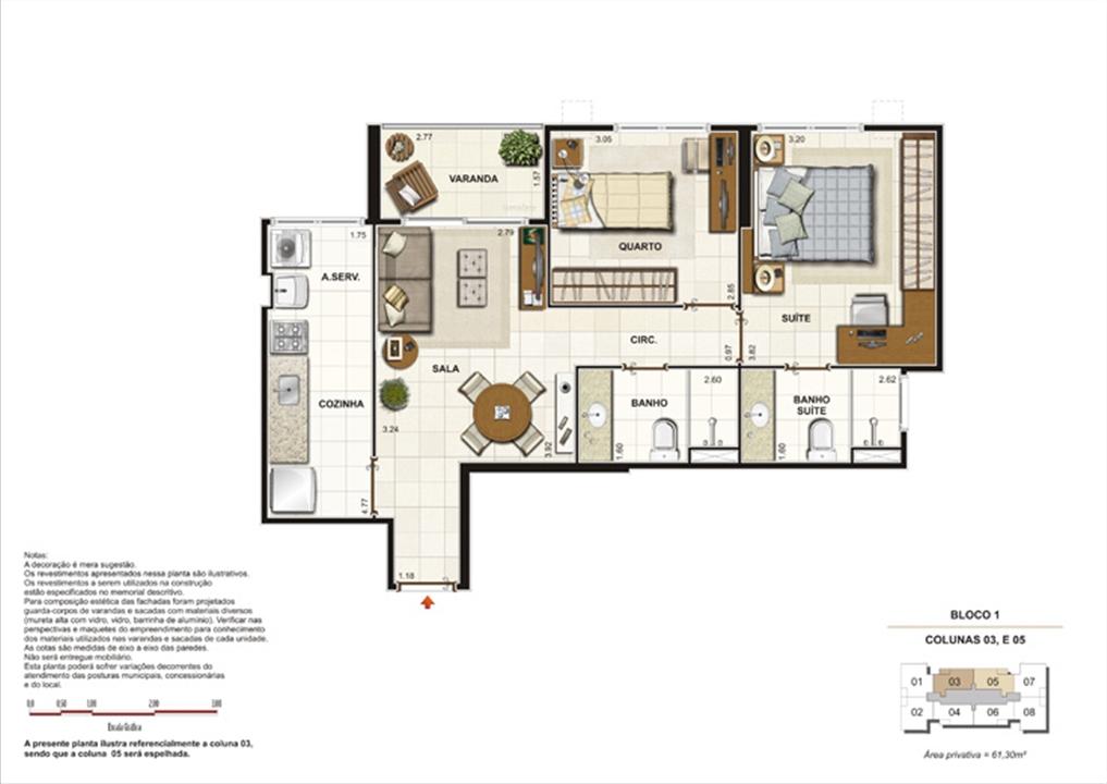 Planta 2 quartos ( 1 suíte) - 61,30m² | Splendore Family Club – Campos - Campos - Rio de Janeiro Planta 2 quartos ( 1 suíte) - 61,30m² | Splendore Family Club – Apartamento em Campos - Campos - Rio de Janeiro