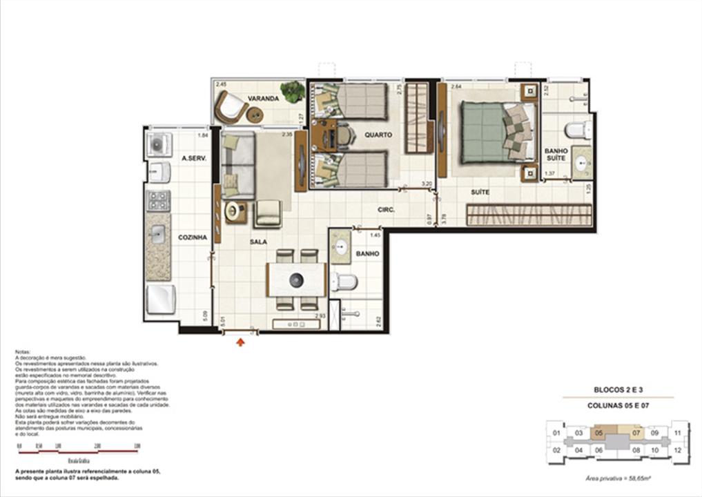 Planta de 2 quartos ( 1 suíte) - 58m² | Splendore Family Club – Campos - Campos - Rio de Janeiro Planta de 2 quartos ( 1 suíte) - 58m² | Splendore Family Club – Apartamento em Campos - Campos - Rio de Janeiro