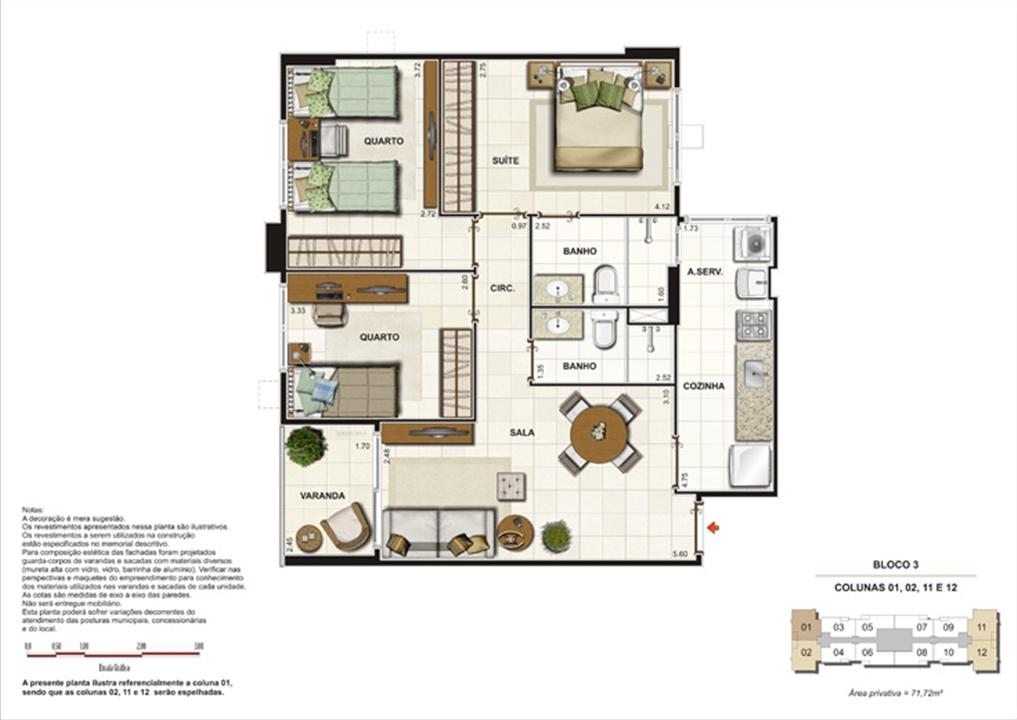 Planta de 3 quartos ( 1 suíte) - 71,72m² | Splendore Family Club – Campos - Campos - Rio de Janeiro Planta de 3 quartos ( 1 suíte) - 71,72m² | Splendore Family Club – Apartamento em Campos - Campos - Rio de Janeiro