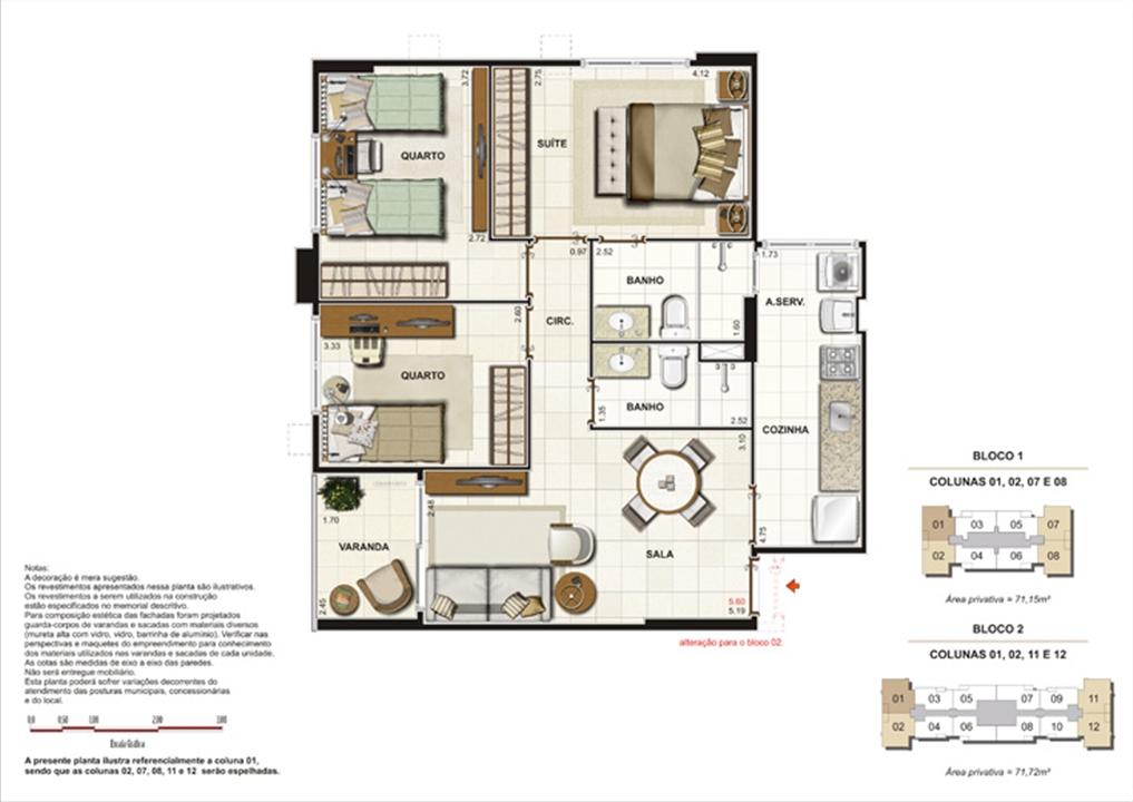 Planta de 3 quartos ( 1suíte) - 71,72m² | Splendore Family Club – Campos - Campos - Rio de Janeiro Planta de 3 quartos ( 1suíte) - 71,72m² | Splendore Family Club – Apartamento em Campos - Campos - Rio de Janeiro