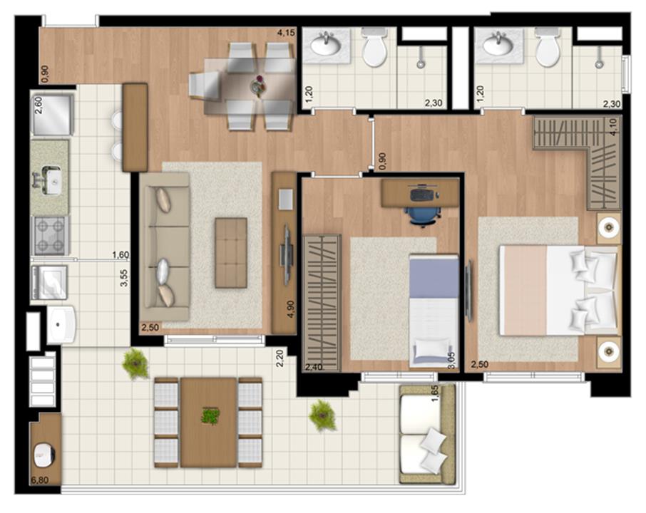 Planta Apartamento de 68 m² privativos com 2 dorms. (com suíte) | Le Champ – Belém - São Paulo - São Paulo Planta Apartamento de 68 m² privativos com 2 dorms. (com suíte) | Le Champ – Apartamento no Belém - São Paulo - São Paulo