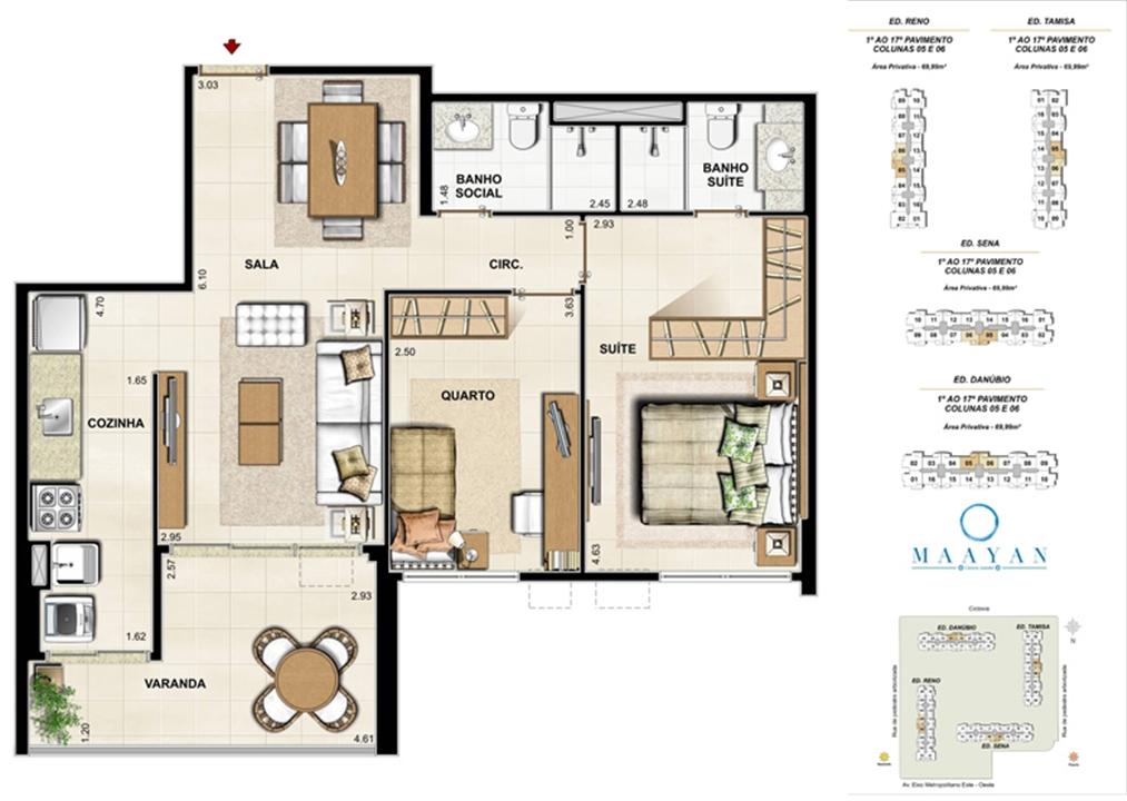 Planta tipo 2 quartos - Colunas 05 e 06 - Ed. Reno, Tamisa, Sena e Danúbio | Maayan – Cidade Jardim - Rio de Janeiro - Rio de Janeiro Planta tipo 2 quartos - Colunas 05 e 06 - Ed. Reno, Tamisa, Sena e Danúbio | Maayan – Apartamento no Cidade Jardim - Rio de Janeiro - Rio de Janeiro