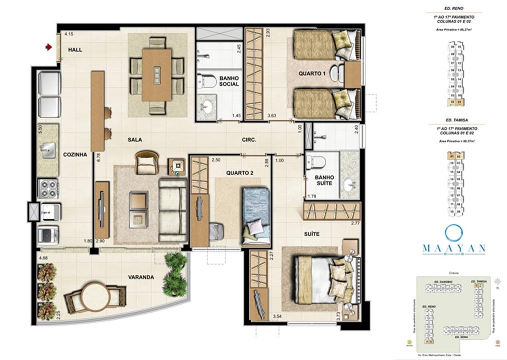 Planta tipo 3 quartos - Colunas 01 e 02 - Ed. Reno e Tamisa | Maayan – Cidade Jardim - Rio de Janeiro - Rio de Janeiro Planta tipo 3 quartos - Colunas 01 e 02 - Ed. Reno e Tamisa | Maayan – Apartamento no Cidade Jardim - Rio de Janeiro - Rio de Janeiro
