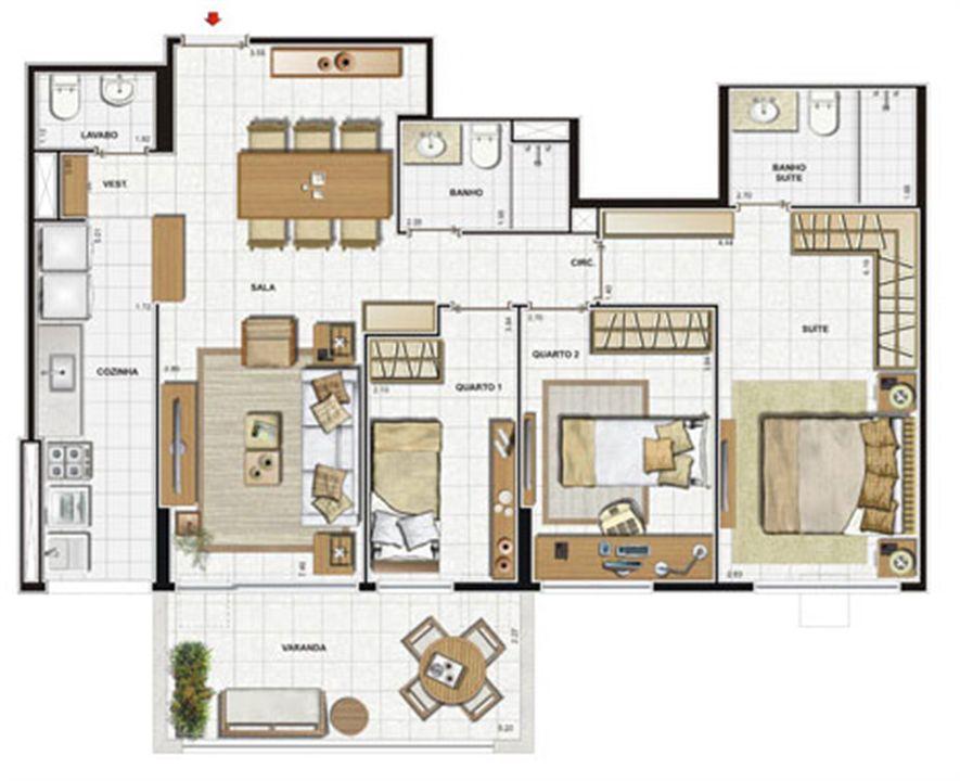 Planta 95 m² - Bloco 2 - Col.10 - com lavabo - 3 quartos | Reserva Jardim – Cidade Jardim - Rio de Janeiro - Rio de Janeiro Planta 95 m² - Bloco 2 - Col.10 - com lavabo - 3 quartos | Reserva Jardim – Apartamento no Cidade Jardim - Rio de Janeiro - Rio de Janeiro