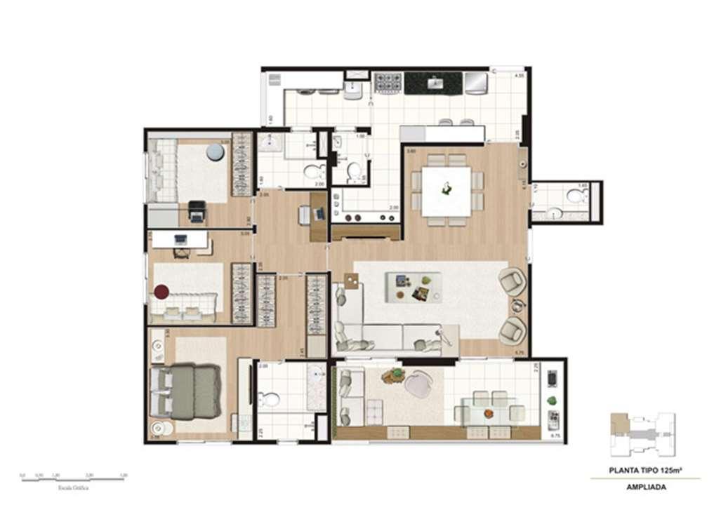 Planta opção Living Ampliado do apartamento de 125 m² - 3 dorms (1 suíte) | Misti Morumbi – Morumbi - São Paulo - São Paulo Planta opção Living Ampliado do apartamento de 125 m² - 3 dorms (1 suíte) | Misti Morumbi – Apartamento no Morumbi - São Paulo - São Paulo