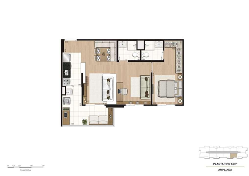Planta opção Living Ampliado do apartamento de 65 m² - 1 suíte | Misti Morumbi – Morumbi - São Paulo - São Paulo Planta opção Living Ampliado do apartamento de 65 m² - 1 suíte | Misti Morumbi – Apartamento no Morumbi - São Paulo - São Paulo