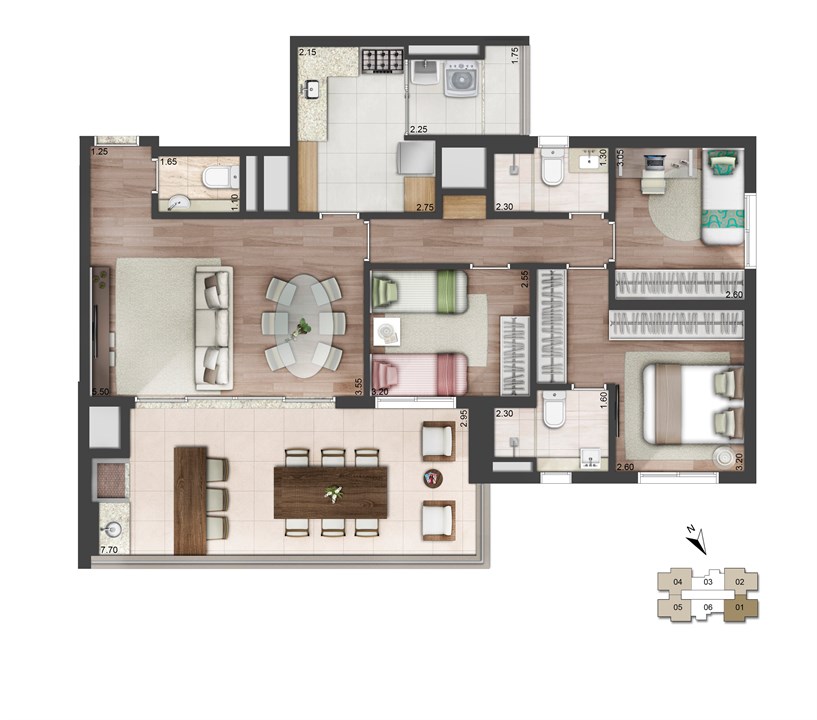 Perspectiva ilustrada da planta padrão - 113m² - West Side | Quadra Greenwich – West Side – Chácara Santo Antônio - São Paulo - São Paulo Perspectiva ilustrada da planta padrão - 113m² - West Side | Quadra Greenwich – West Side – Apartamento na Chácara Santo Antônio - São Paulo - São Paulo