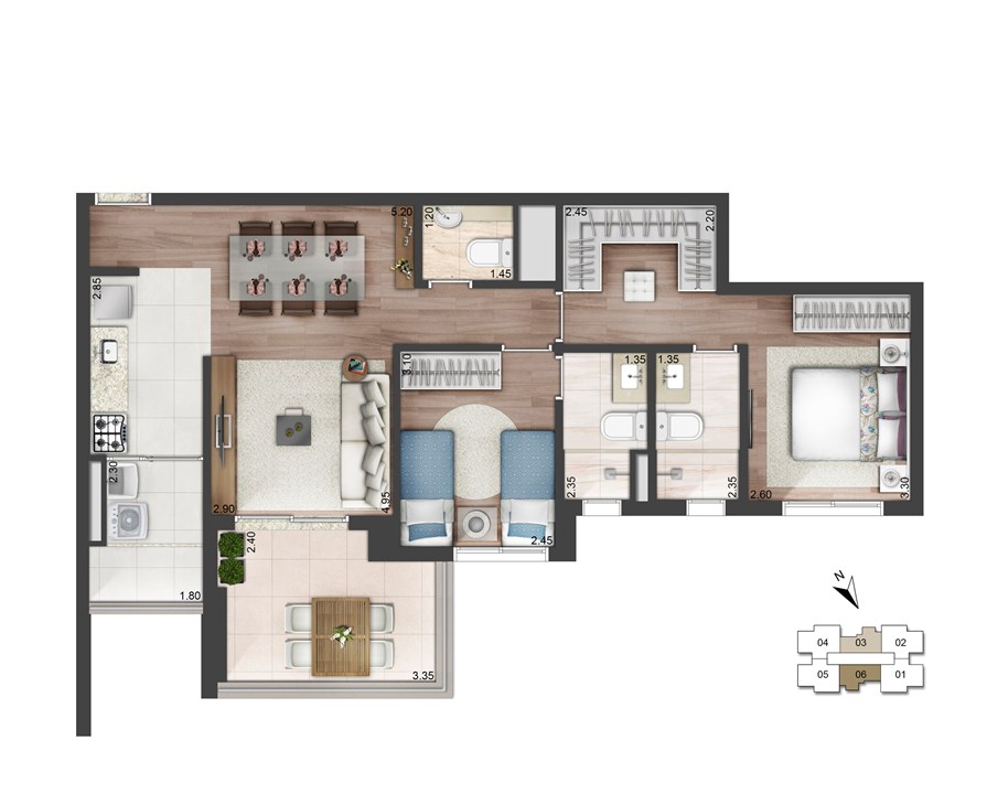 Perspectiva ilustrada da planta padrão - 79m² - West Side | Quadra Greenwich – West Side – Chácara Santo Antônio - São Paulo - São Paulo Perspectiva ilustrada da planta padrão - 79m² - West Side | Quadra Greenwich – West Side – Apartamento na Chácara Santo Antônio - São Paulo - São Paulo