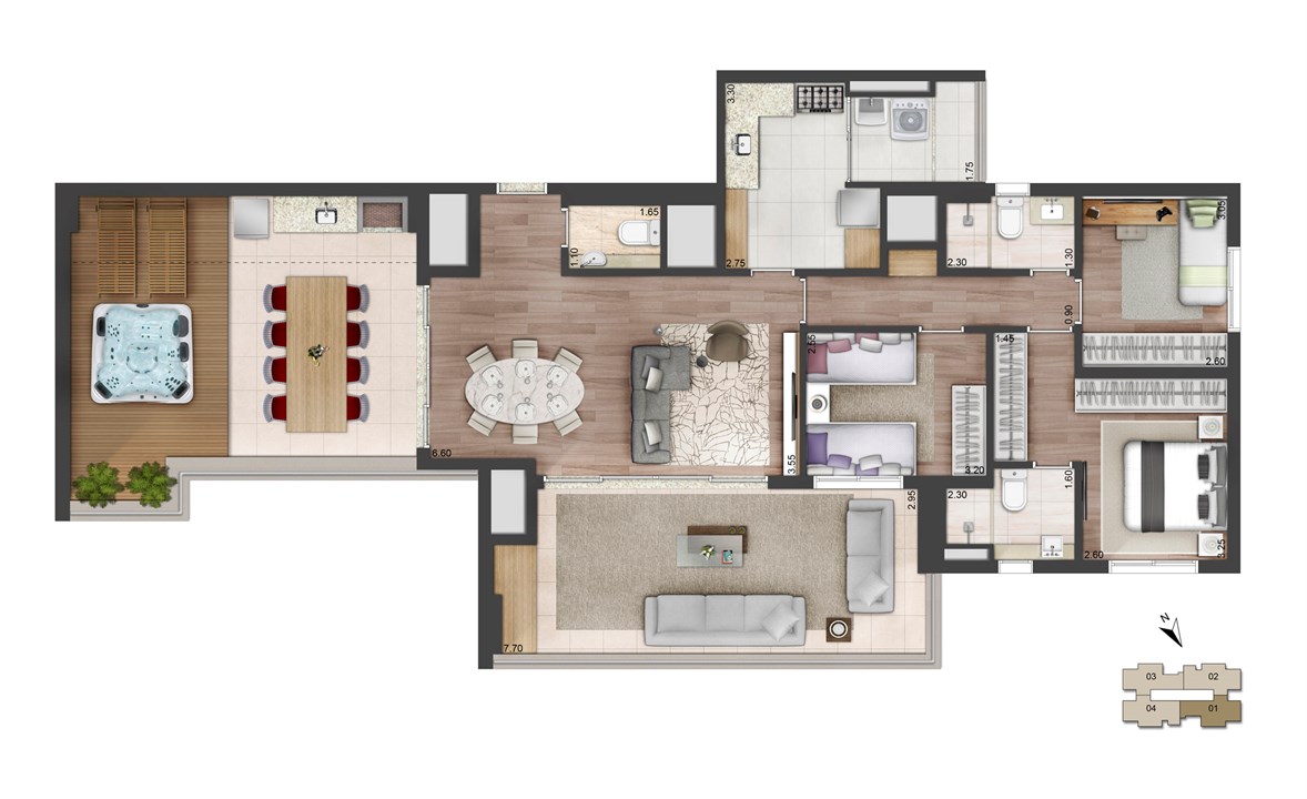 Perspectiva ilustrada da planta padrão Penthouse - 152m² - West Side | Quadra Greenwich – West Side – Chácara Santo Antônio - São Paulo - São Paulo Perspectiva ilustrada da planta padrão Penthouse - 152m² - West Side | Quadra Greenwich – West Side – Apartamento na Chácara Santo Antônio - São Paulo - São Paulo
