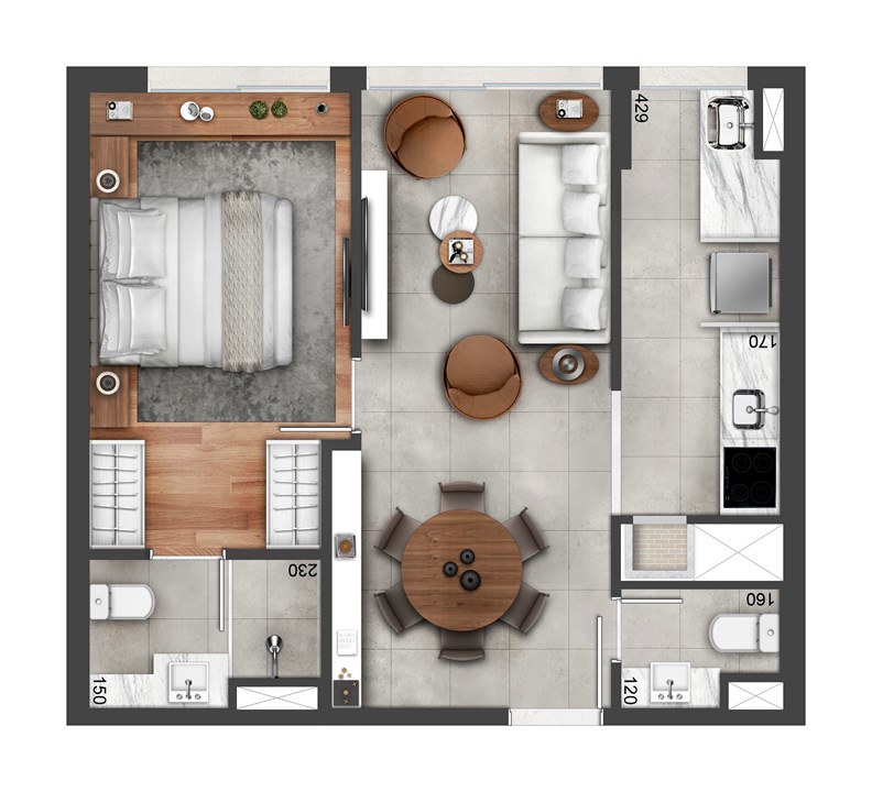 Planta de 49m² | FLOAT RESIDENCES – Petrópolis - Porto Alegre - Rio Grande do Sul Planta de 49m² | FLOAT RESIDENCES – Apartamento no Petrópolis - Porto Alegre - Rio Grande do Sul
