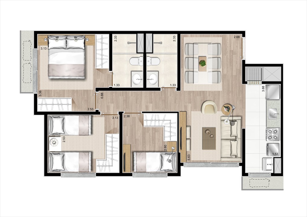 Planta 3 Dorms com Suíte 67m² | Prime Altos do Germânia – Passo d’Areia - Porto Alegre - Rio Grande do Sul Planta 3 Dorms com Suíte 67m² | Prime Altos do Germânia – Apartamento no Passo d’Areia - Porto Alegre - Rio Grande do Sul