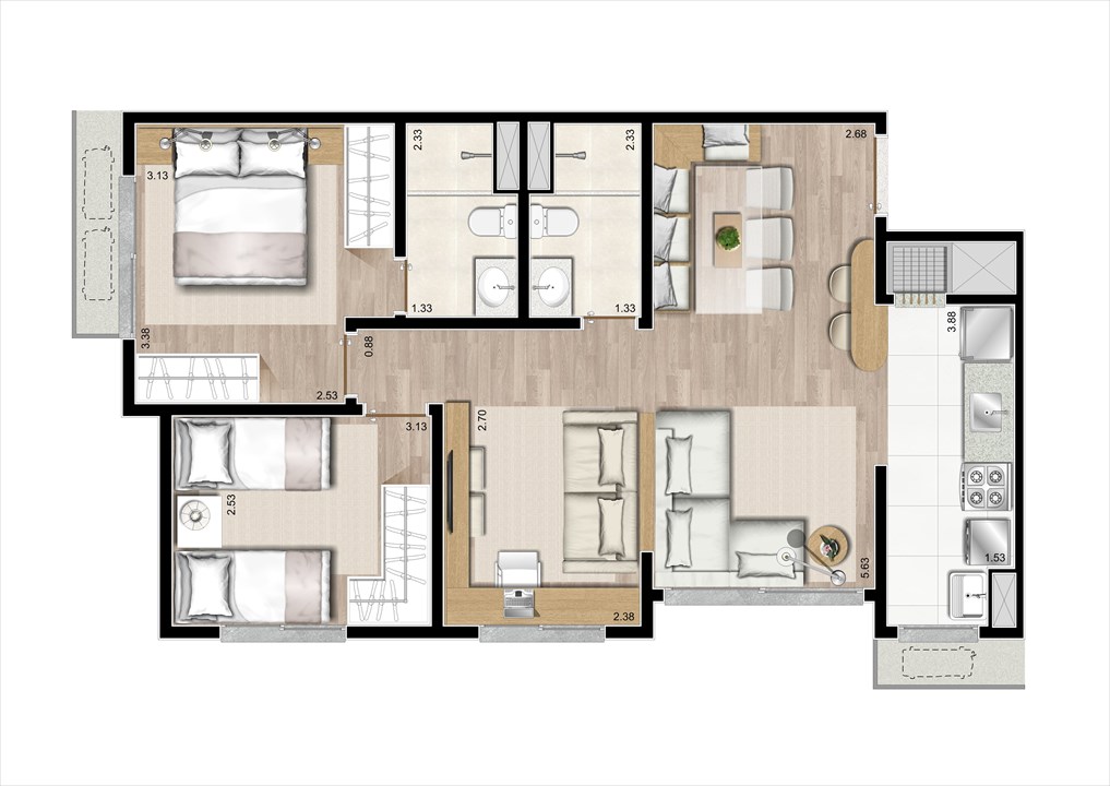 Planta 3 Dorms Ampliada com Suíte 67m² | Prime Altos do Germânia – Passo d’Areia - Porto Alegre - Rio Grande do Sul Planta 3 Dorms Ampliada com Suíte 67m² | Prime Altos do Germânia – Apartamento no Passo d’Areia - Porto Alegre - Rio Grande do Sul