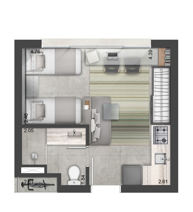 Planta Decorado Solteiro | JP Redenção – Cidade Baixa - Porto Alegre - Rio Grande do Sul Planta Decorado Solteiro | JP Redenção – Apartamento na Cidade Baixa - Porto Alegre - Rio Grande do Sul