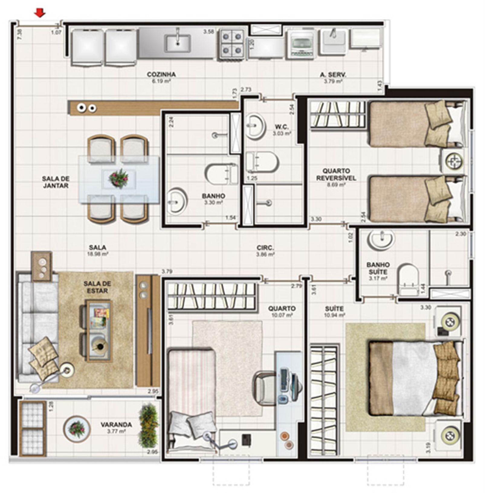 Planta 3 quartos (1 suíte) - 75 m² | Vita Praia - Recife – Piedade - Recife - Pernambuco Planta 3 quartos (1 suíte) - 75 m² | Vita Praia - Recife – Apartamento em Piedade - Recife - Pernambuco