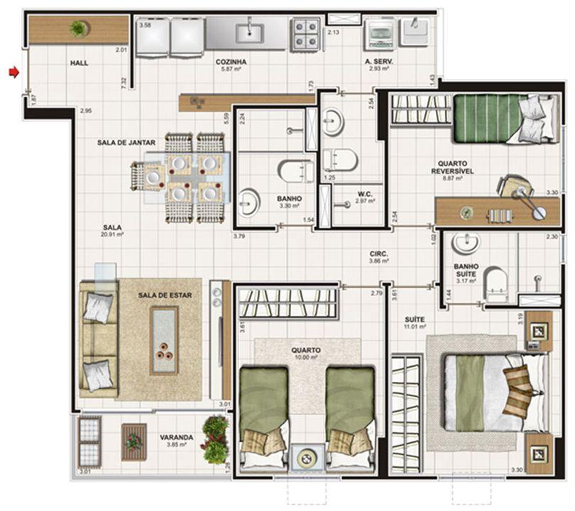 Planta 3 quartos (1 suíte) - 76 m² | Vita Praia - Recife – Piedade - Recife - Pernambuco Planta 3 quartos (1 suíte) - 76 m² | Vita Praia - Recife – Apartamento em Piedade - Recife - Pernambuco