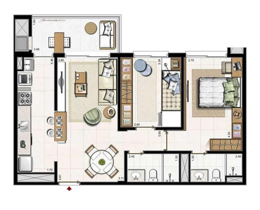 2 dorm. com suíte Planta Padrão 74 m² privativos 119 m² área total | Boulevard – Abraão - Florianópolis - Santa Catarina 2 dorm. com suíte Planta Padrão 74 m² privativos 119 m² área total | Boulevard – Apartamento no Abraão - Florianópolis - Santa Catarina