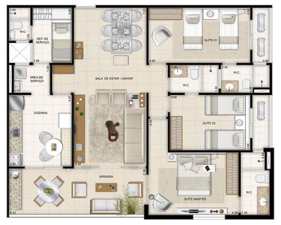 Perspectiva ilustrada da planta tipo Makani 126 m² | Mandara Kauai – Porto das Dunas - Aquiraz - Ceará Perspectiva ilustrada da planta tipo Makani 126 m² | Mandara Kauai – Apartamento no Porto das Dunas - Aquiraz - Ceará