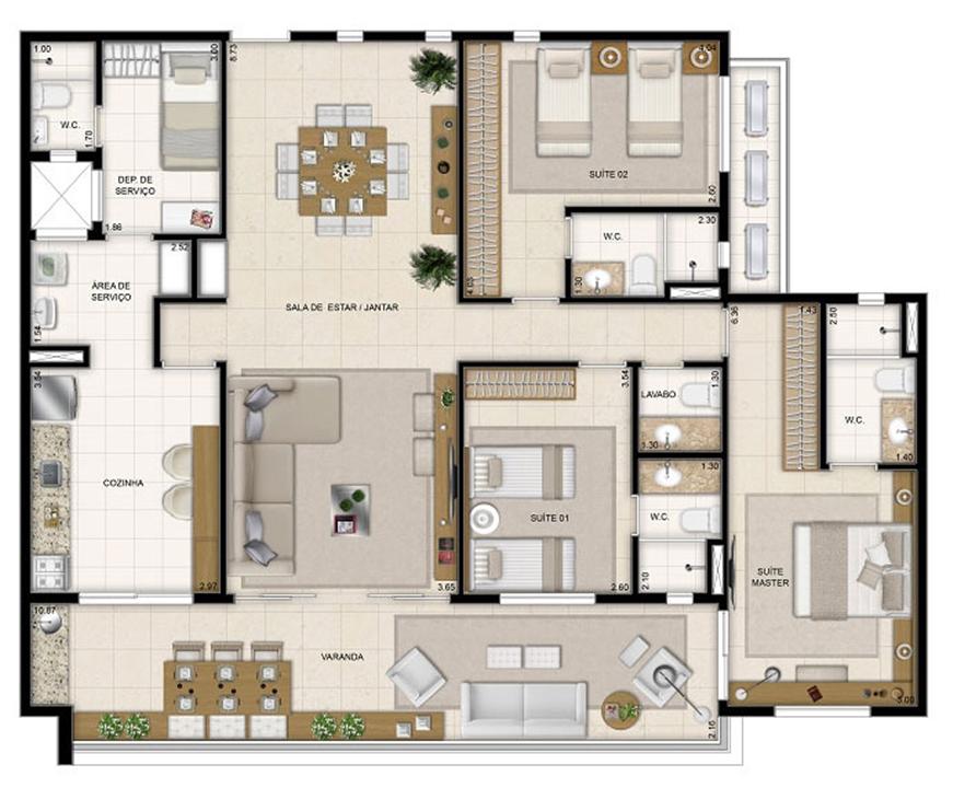 Perspectiva ilustrada da planta tipo Moana 148 m² | Mandara Kauai – Porto das Dunas - Aquiraz - Ceará Perspectiva ilustrada da planta tipo Moana 148 m² | Mandara Kauai – Apartamento no Porto das Dunas - Aquiraz - Ceará